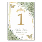 Quinceañera Birthday Sage Green Floral Butterflieg Tischnummer (Vorderseite)