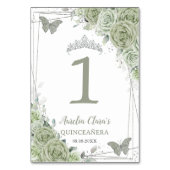 Quinceañera Birthday Sage Green Floral Butterflieg Tischnummer (Vorderseite)