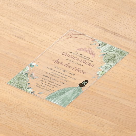 Quinceañera Birthday Sage Green Floral Rose Gold Acryleinladungen (Ablage )