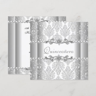 Quinceañera Birthday Silver White Pearl Lace Einladung