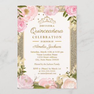 Quinceanera Birthday Sparkle Pink Gold Floral Kart Einladung