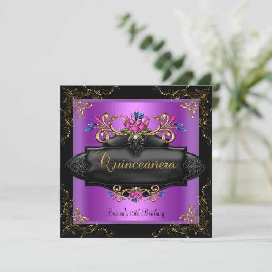 Quinceanera Birthday Spot Lila Lilac Gold Floral Einladung (Stehend Vorderseite)