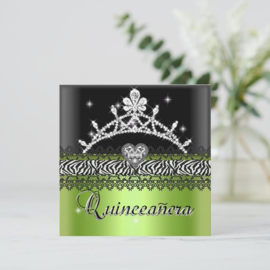 Quinceanera Birthday Zebra Lime Green Schwarz-weiß Einladung (Stehend Vorderseite)