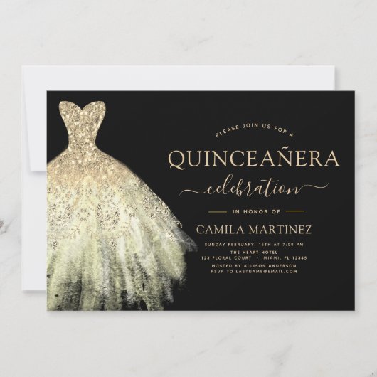 Quinceanera Black and Gold Glitzer Sparkone Einladung (Vorderseite)