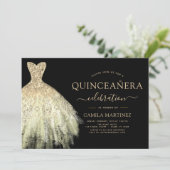Quinceanera Black and Gold Glitzer Sparkone Einladung (Stehend Vorderseite)
