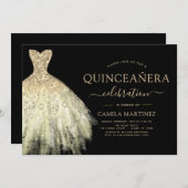 Quinceanera Black and Gold Glitzer Sparkone Einladung (Vorne/Hinten)