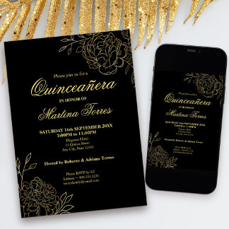 Quinceanera Black and Gold Kontur Blume Einladung
