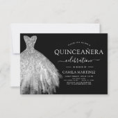 Quinceanera Black and Silver Glitzer Sparkle Einladung (Vorderseite)