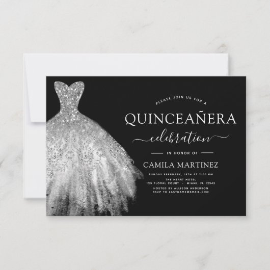 Quinceanera Black and Silver Glitzer Sparkle Einladung (Vorderseite)