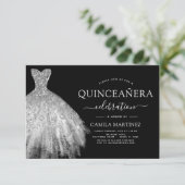 Quinceanera Black and Silver Glitzer Sparkle Einladung (Stehend Vorderseite)