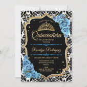 Quinceanera - Black Blue Gold Einladung (Vorderseite)