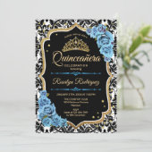 Quinceanera - Black Blue Gold Einladung (Stehend Vorderseite)