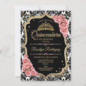 Quinceanera - Black Blush Pink Gold Einladung (Vorderseite)