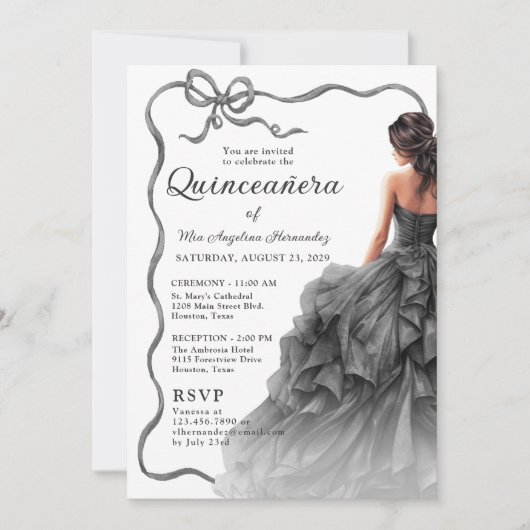 Quinceañera Black Dress Scallope Ribbon Bow Foto Einladung (Vorderseite)