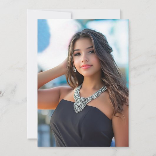 Quinceañera Black Dress Scallope Ribbon Bow Foto Einladung (Rückseite)