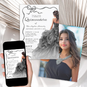 Quinceañera Black Dress Scallope Ribbon Bow Foto Einladung