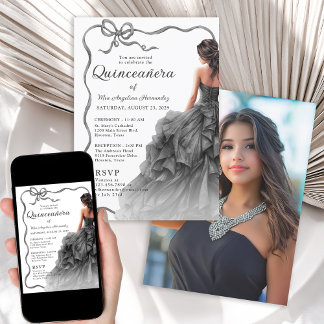 Quinceañera Black Dress Scallope Ribbon Bow Foto Einladung