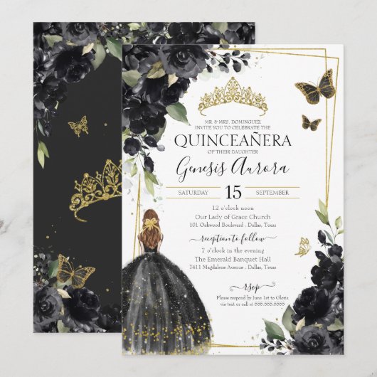 Quinceañera Black Floral Butterfly, Mädchen im Kle Einladung (Vorne/Hinten)