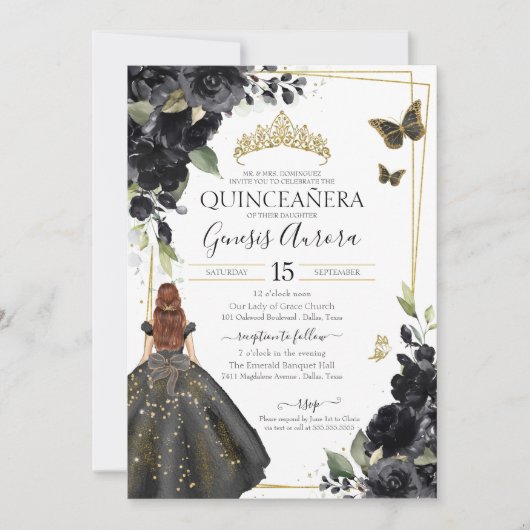 Quinceañera Black Floral Gold Butterfly Kleid Einladung (Vorderseite)