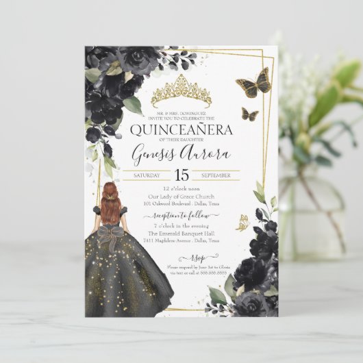 Quinceañera Black Floral Gold Butterfly Kleid Einladung (Stehend Vorderseite)