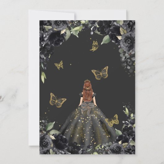 Quinceañera Black Floral Gold Butterfly Kleid Einladung (Rückseite)