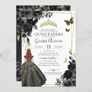Quinceañera Black Floral Gold Butterfly Kleid Einladung
