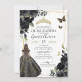 Quinceañera Black Floral Gold Butterfly Kleid Einladung (Vorderseite)