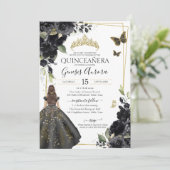 Quinceañera Black Floral Gold Butterfly Kleid Einladung (Stehend Vorderseite)