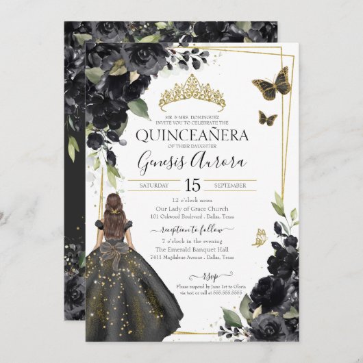 Quinceañera Black Floral Gold Butterfly Kleid Einladung (Vorne/Hinten)