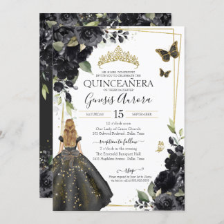 Quinceañera Black Floral Gold Butterfly Kleid Invi Einladung