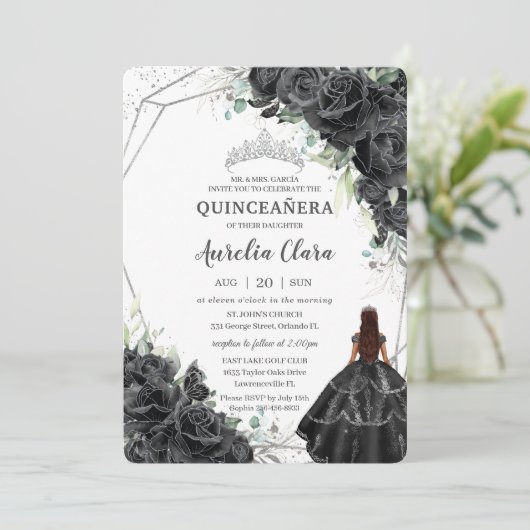 Quinceañera Black Floral Rose Brown Tan Princess Einladung (Stehend Vorderseite)