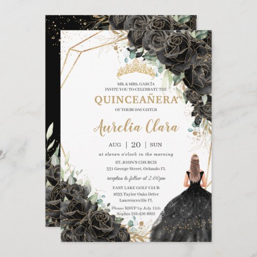 Quinceañera Black Floral Rose Dress Gold Crown I Einladung (Vorne/Hinten)