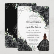 Quinceañera Black Floral Rose Gown Silver Crown