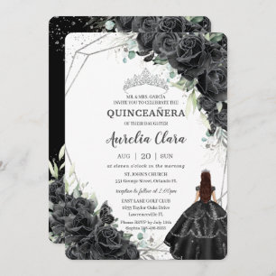 Quinceañera Black Floral Rose Gown Silver Crown Einladung