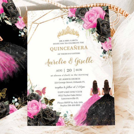 Quinceañera Black Fuchsia Floral Prinzessin Twins Einladung