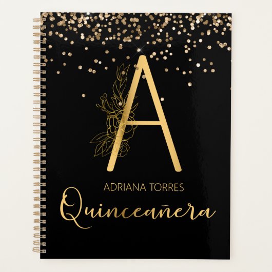 Quinceanera Black Gold A Monogram Notebook-Planer Planer (Vorderseite)