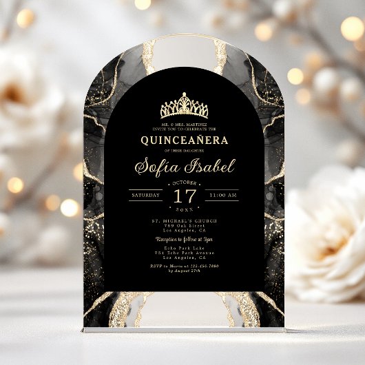 Quinceañera Black Gold Agate Elegante Acryleinladungen
