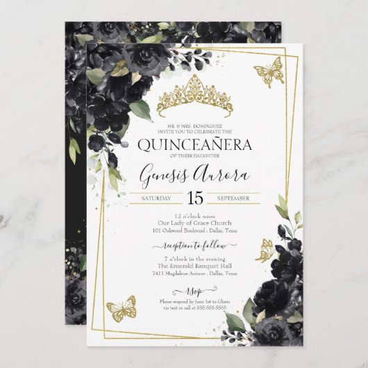 Quinceañera Black Gold Aquarellblume Einladung (Vorne/Hinten)