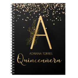 Quinceanera Black Gold Floral A Monogram Notebook Notizblock