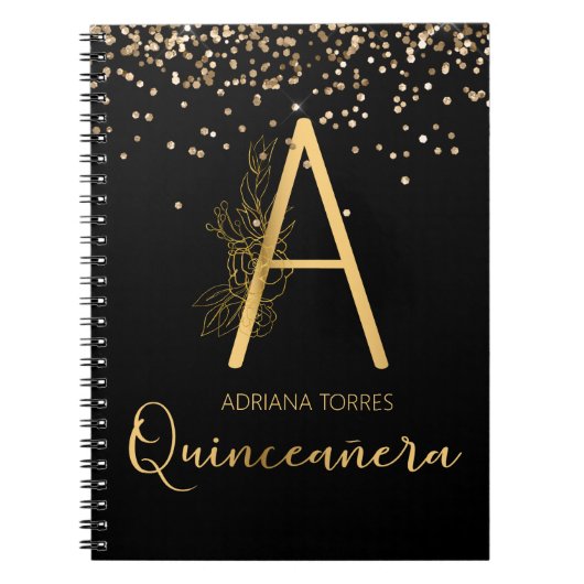 Quinceanera Black Gold Floral A Monogram Notebook Notizblock (Vorderseite)