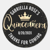 Quinceañera Black Gold Glitzer Foil Crown Script Runder Aufkleber (Vorderseite)