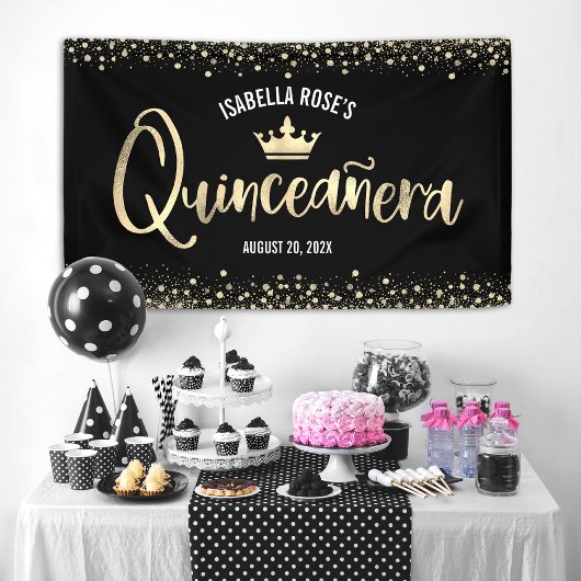 Quinceañera Black Gold Glitzer Foil Crown Willkomm Banner