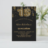 Quinceanera black gold leopard confetti einladung (Stehend Vorderseite)