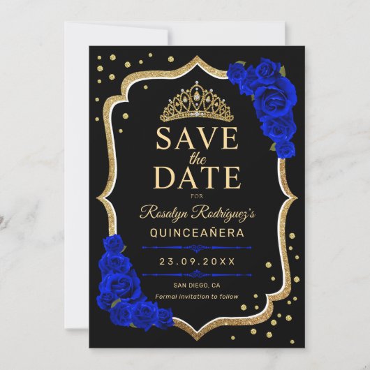 Quinceanera Black Gold Royal Blue Save The Date (Vorderseite)