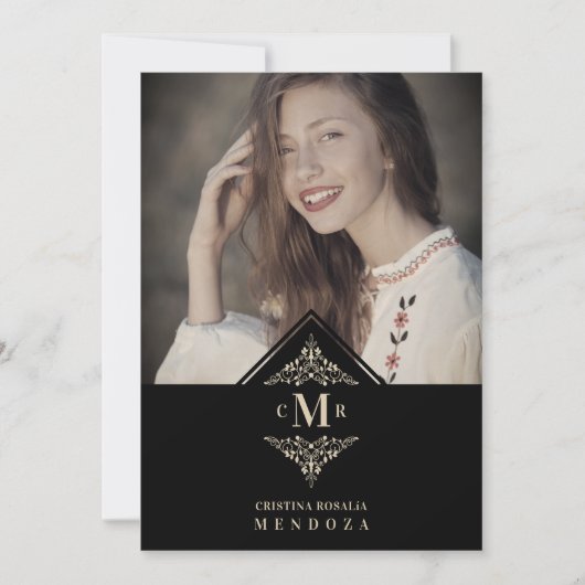 Quinceañera Black Golden Chic Lace Romantic Photo Einladung (Vorderseite)
