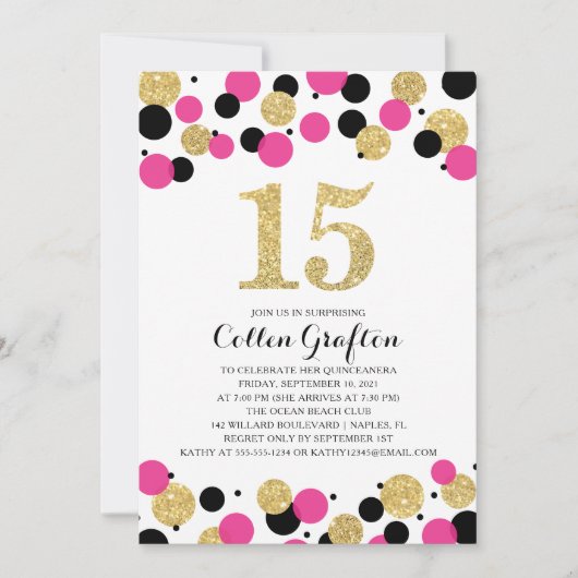 Quinceanera Black Hot Pink Gold Glitzer Confetti Einladung (Vorderseite)