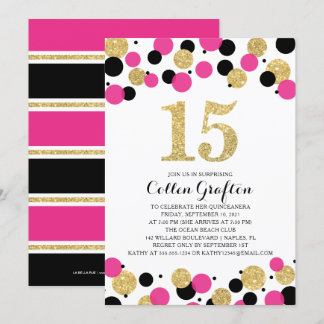 Quinceanera Black Hot Pink Gold Glitzer Confetti Einladung