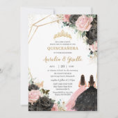 Quinceañera Black Pink Roses Floral Prinzessin Twi Einladung (Vorderseite)