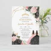 Quinceañera Black Pink Roses Floral Prinzessin Twi Einladung (Stehend Vorderseite)