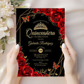 Quinceanera Black Red Gold Floral Einladung